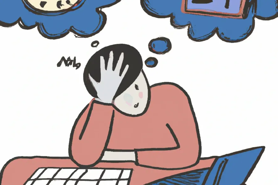 Illustrasjon av fortvilet person ved skrivebord, tunge tankebobler viser klokke, kalender og mørke.