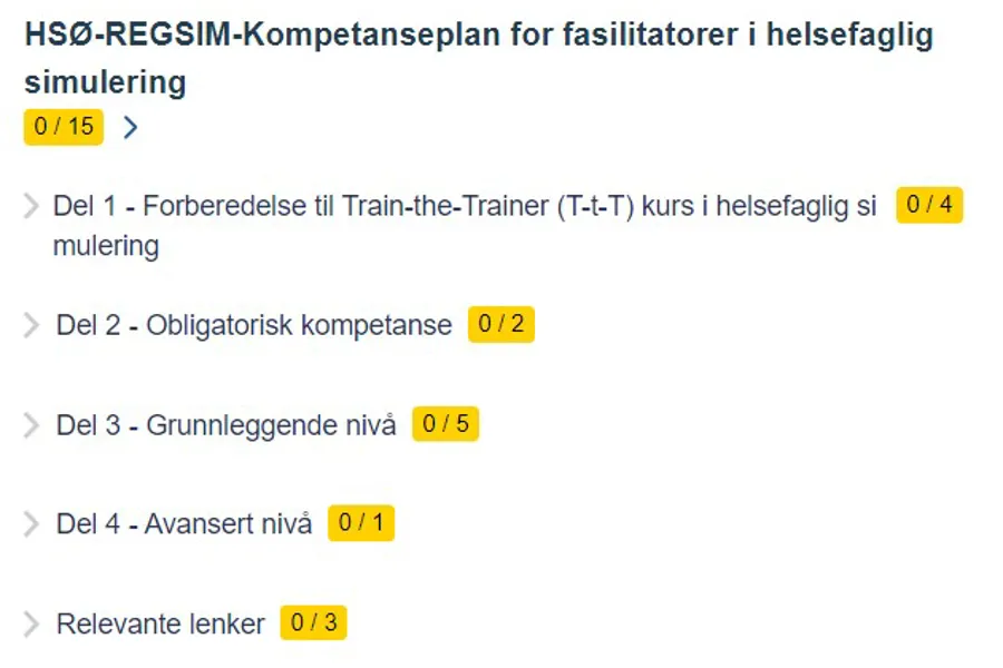 skjermbilde av kompetanseplan for fasilitatorer. Tekst de 1- forberedelse til Train-the-Trainer kurs i helsefaglig simulering.Del 2 obligatorisk kompetanse. Del 3 grunnleggende nivå. Del 4 Avansert nivå. Relevante lenker.