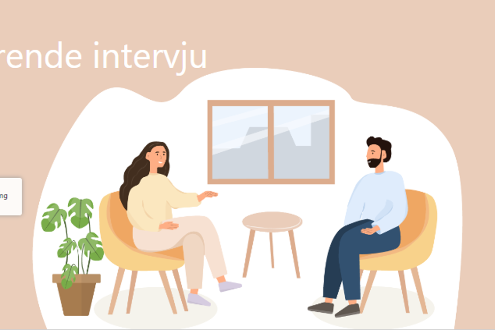 Skjermbilde fra kurs om motiverende intervju. Det er en tegning av en jente og en mann som sitter i hver sin stol vendt mot hverandre. Teksten "Motiverende intervju. START KURS" står skrevet oppå bildet.