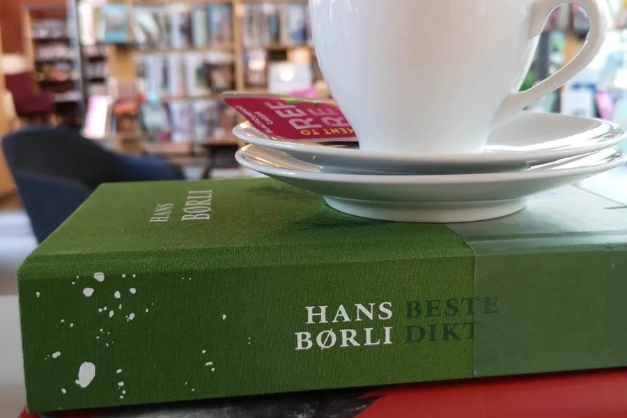 Et hvitt krus på en grønn bok